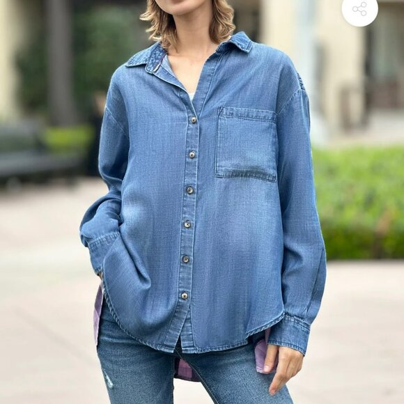 Billy T Love You To Pieces Shirt Women XL Blue Purple Chambray Denim Plaid Boho - Picture 3 of 15
